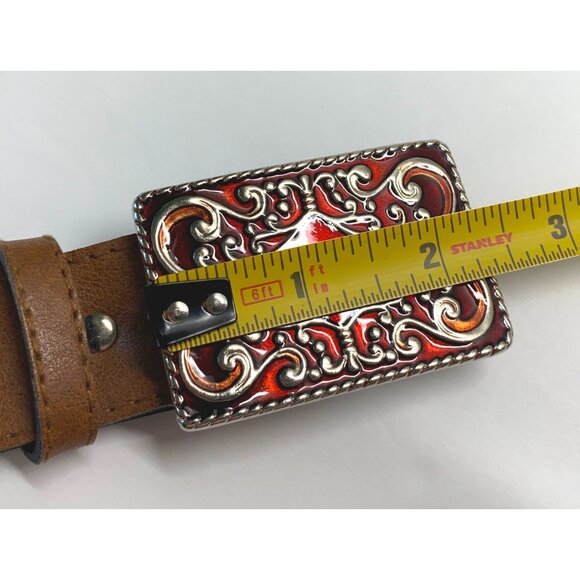 Western Style Brown Faux Leather Belt Ornate Red Enamel Silver Tone Buckle - Picture 4 of 10